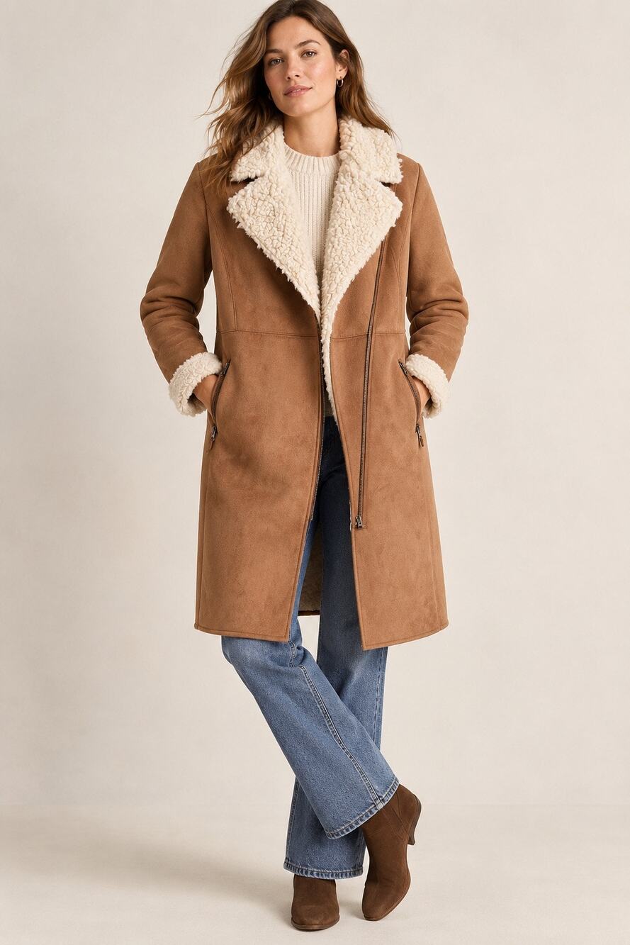 Boden Faux Shearling Longline Moto Coat Tan Brown Cream Borg Size US 6 / UK 10